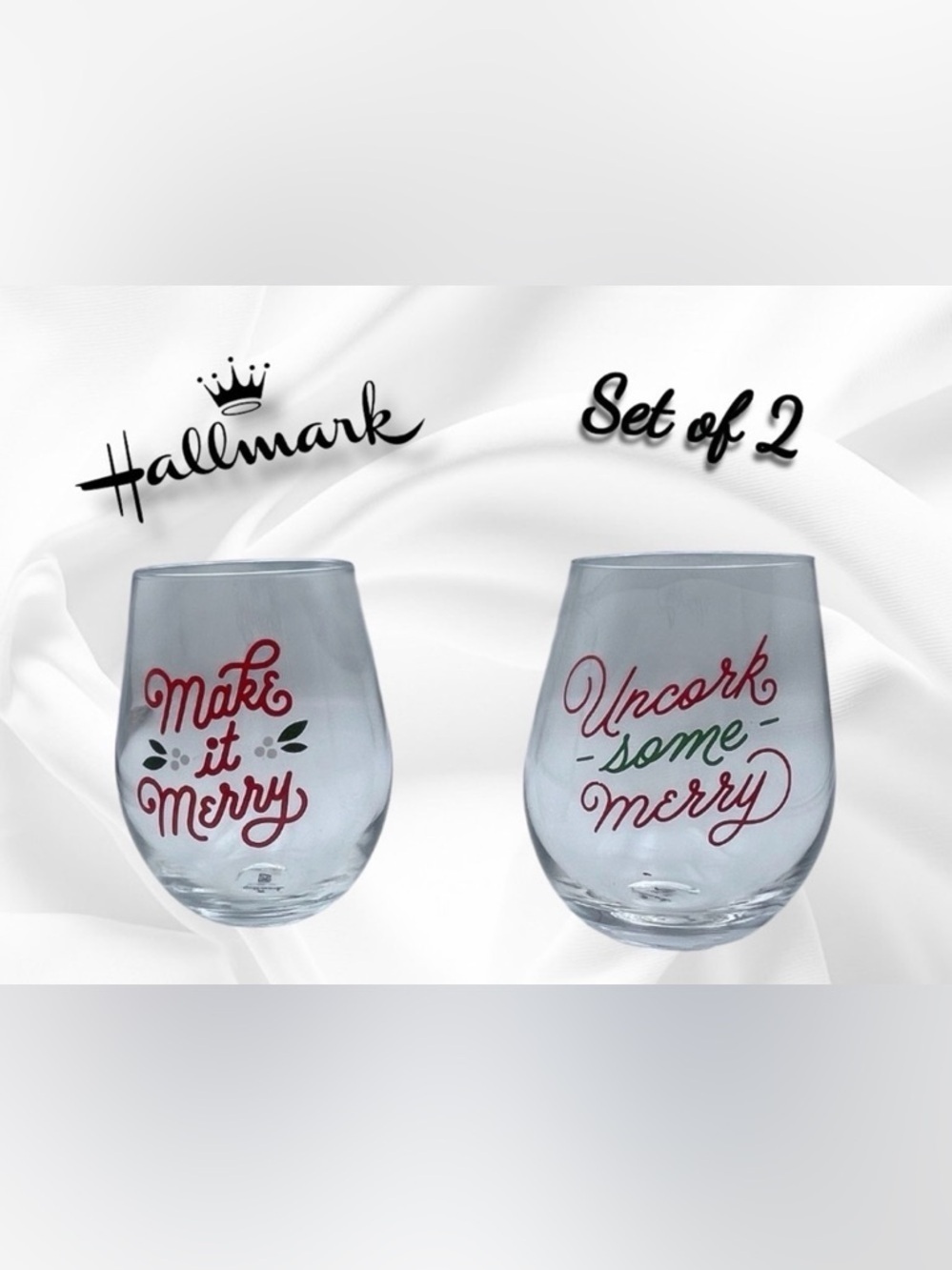 Holiday Stemless Wine Glass Set with Festive Red and Green Merry Designs NWT